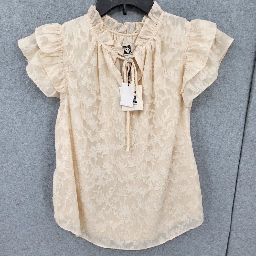 Anne Klein Double Ruffle Tie‎ V Neck Flutter Sleeve Blouse Womens Size S NWT
